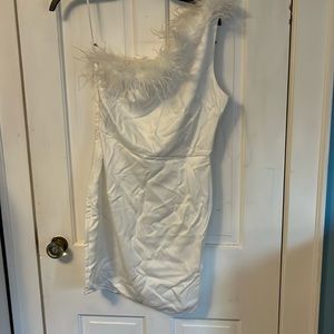 White one shoulder feather satin dress